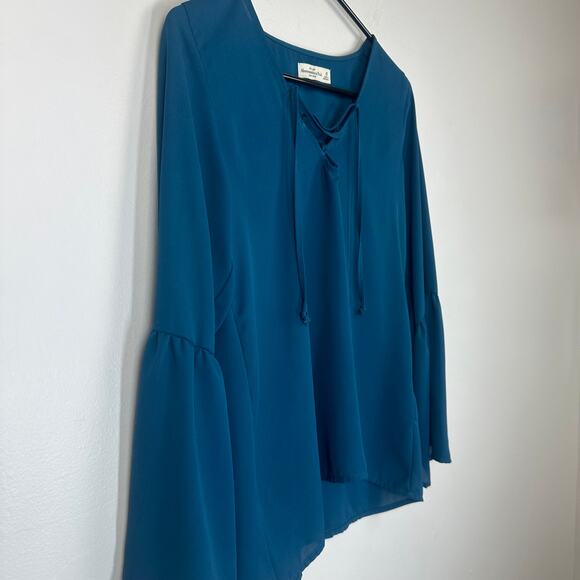 Abercrombie & Fitch Womens Bell Peasant Sleeve Lace-Up V-Neck Teal Blouse Top XS - Picture 3 of 8